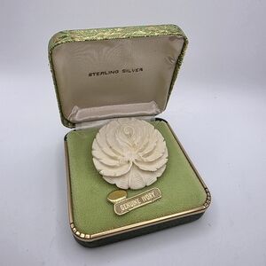 Vintage IvoryCarved Rose Flower Brooch Pin